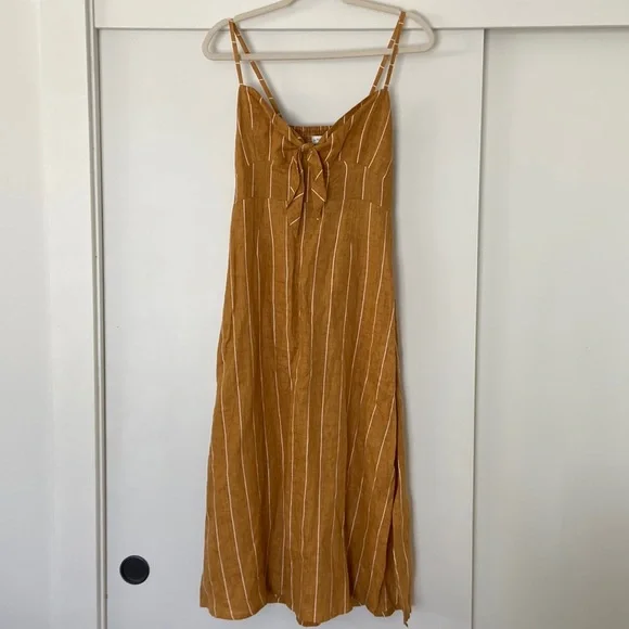 Faithfull the Brand | Dresses | Faithfull The Brand Linen Striped Tie Front  Midi Camel Colored Dress Size Large | Poshmark